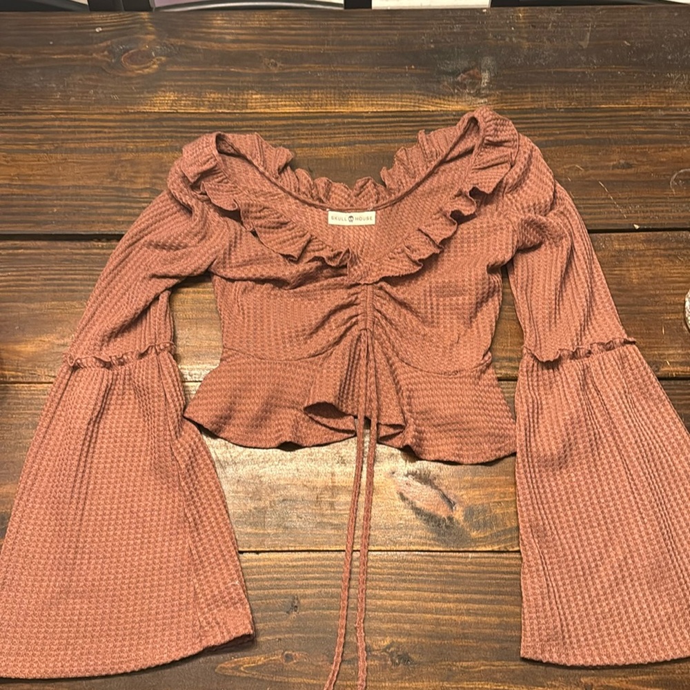 maroon/brown long sleeve cropped corset style top
